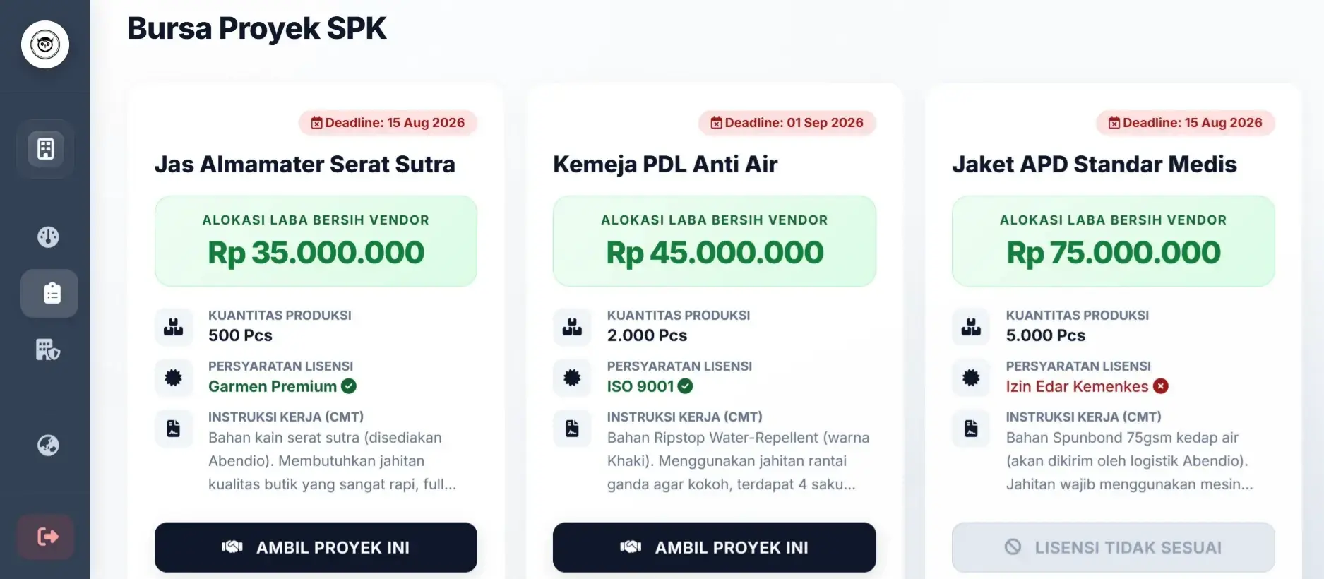 Tampilan Antarmuka Sistem Dashboard Job Board Mitra Pabrik Konveksi Abendio